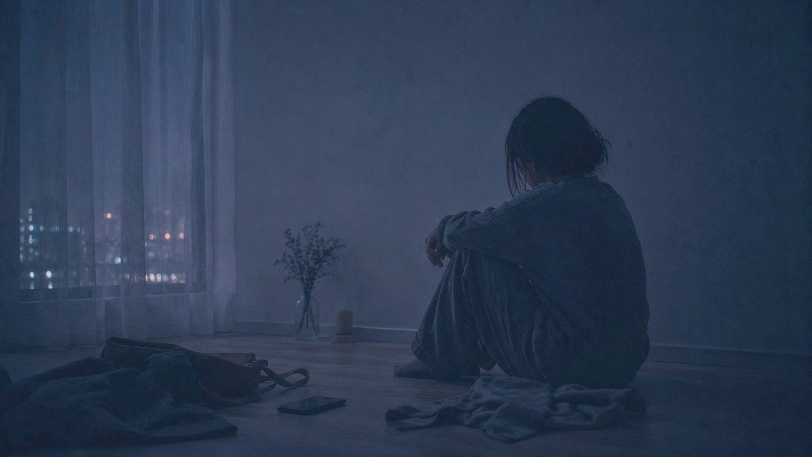 夜、部屋の隅で膝を抱えて座り込む姿
