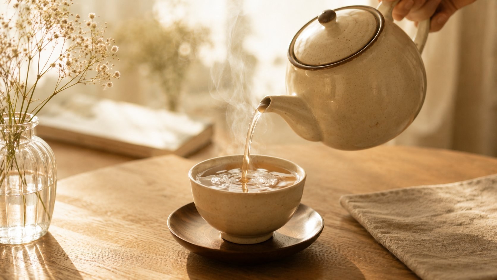 朝の光の中、カップになみなみと注がれる紅茶