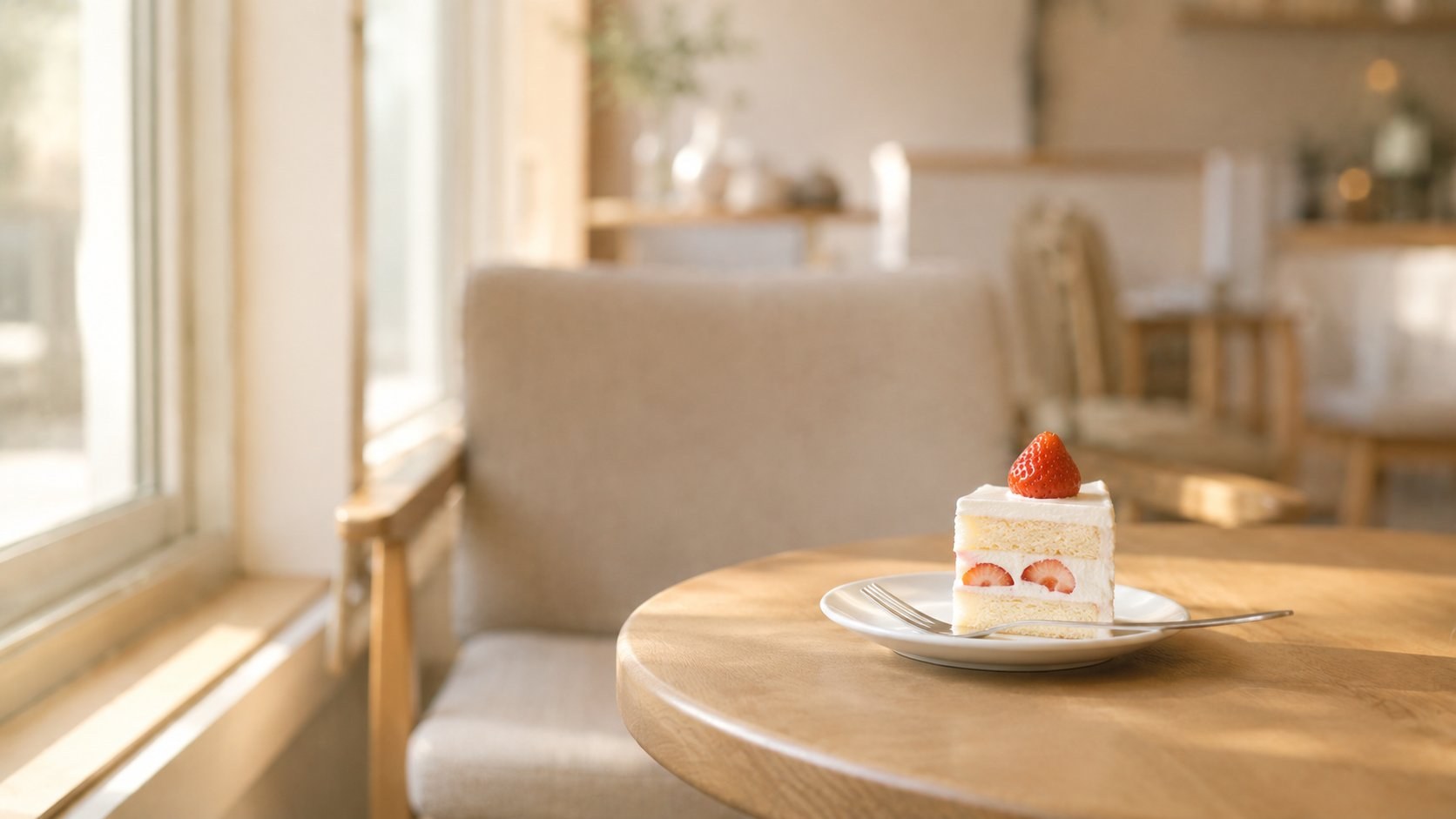 昼下がりのカフェに置かれた、手つかずのケーキひと皿