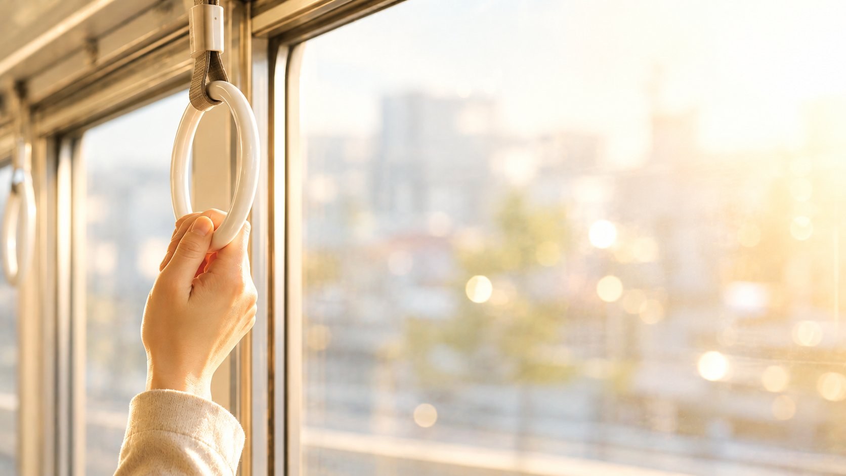 朝の電車で、つり革を握る手元に朝日が差し込む