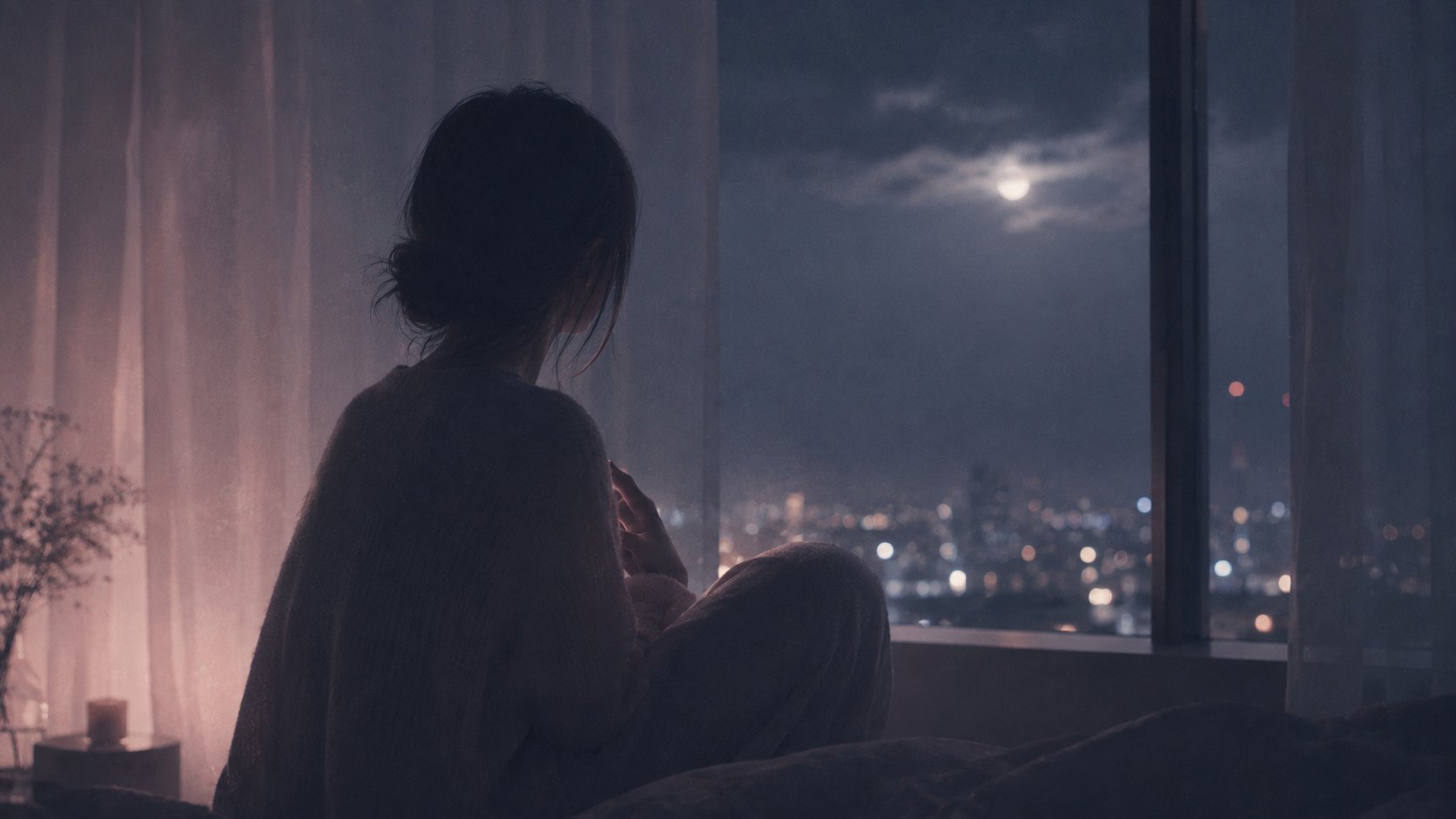 月の見える夜の窓辺で、ひとり静かに座る女性の後ろ姿