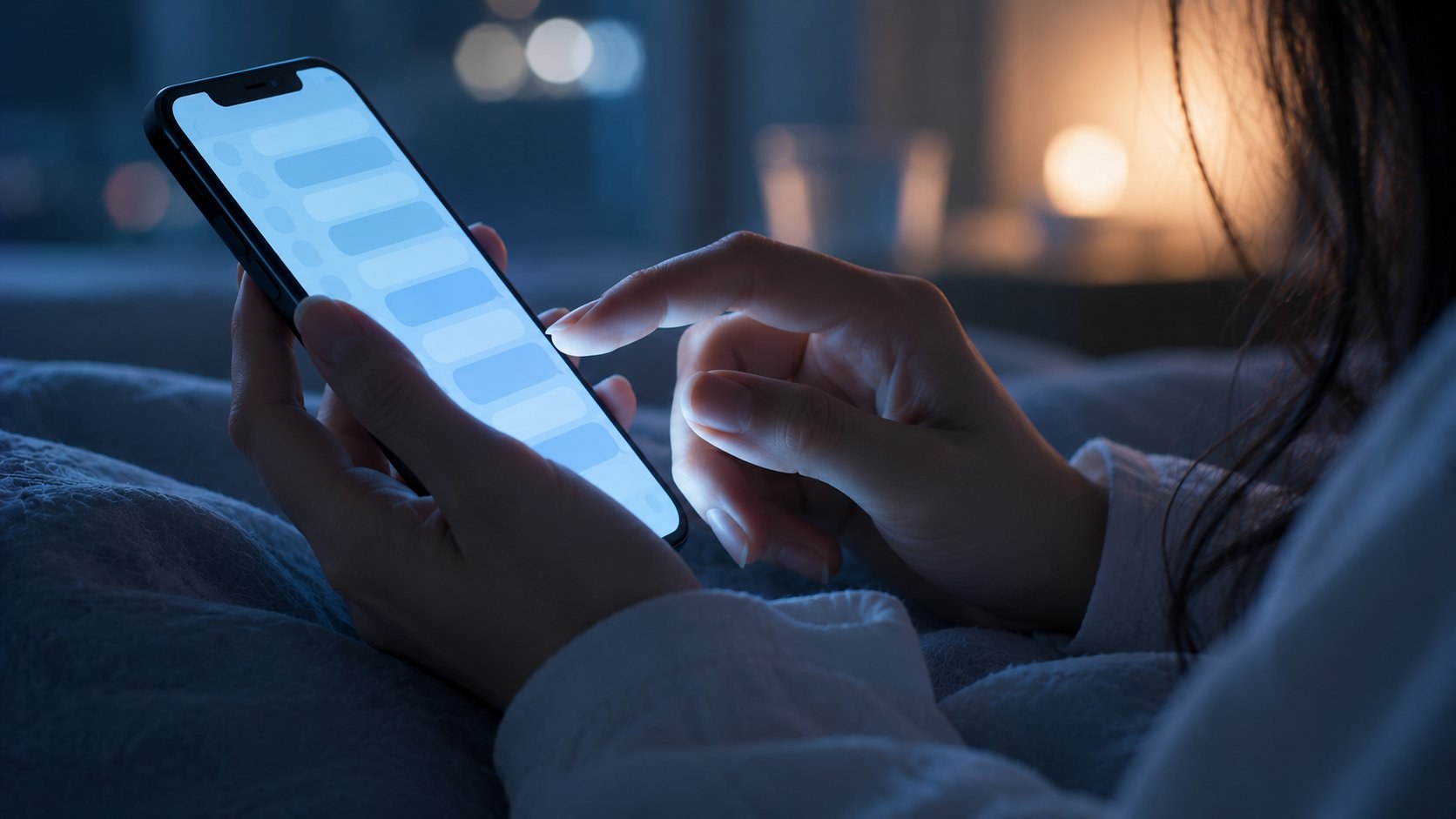 夜、ベッドでスマホの画面を見つめる手元