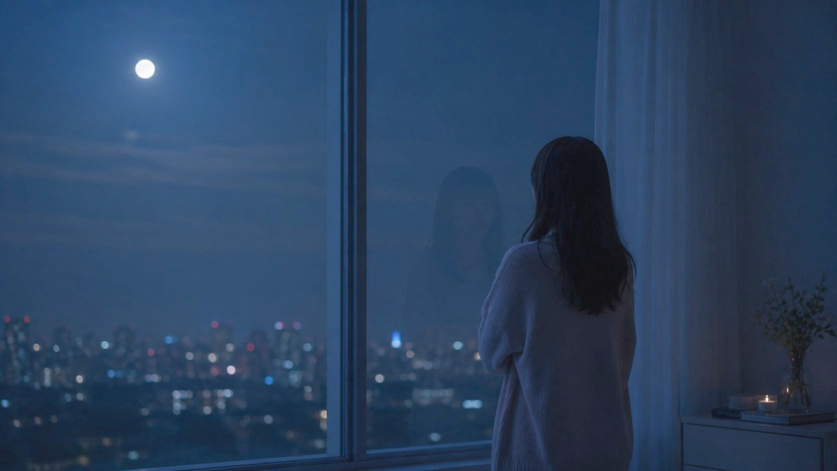 夜、月明かりの窓辺に立つ後ろ姿
