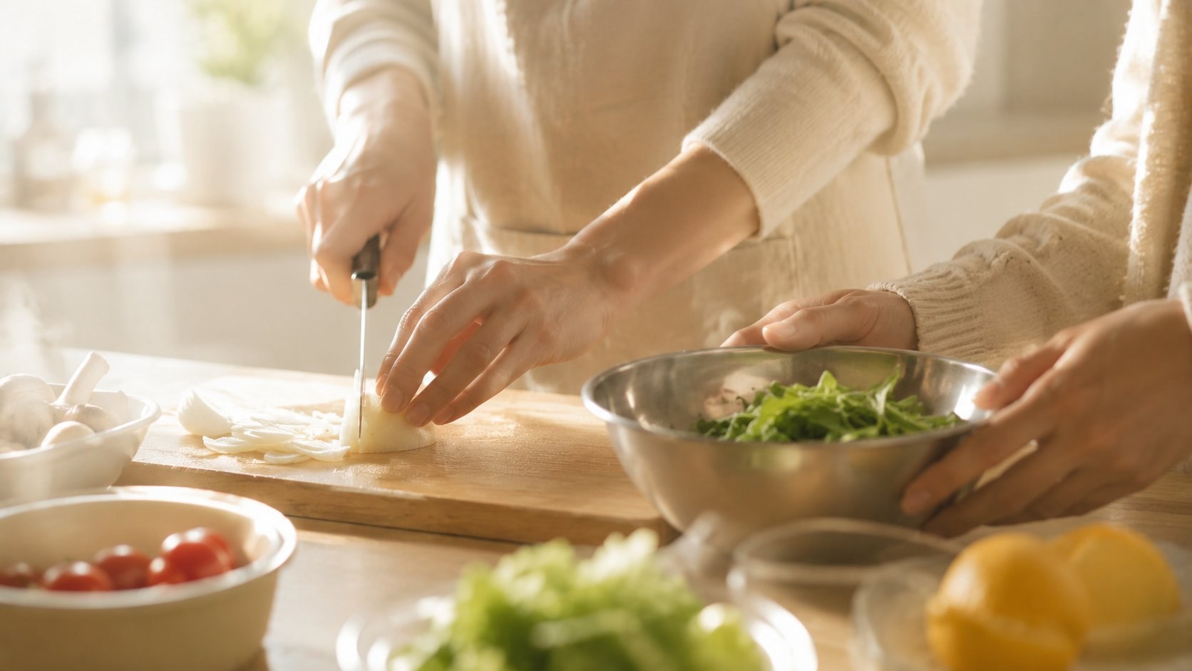 朝の台所で並んで料理をする二組の手元
