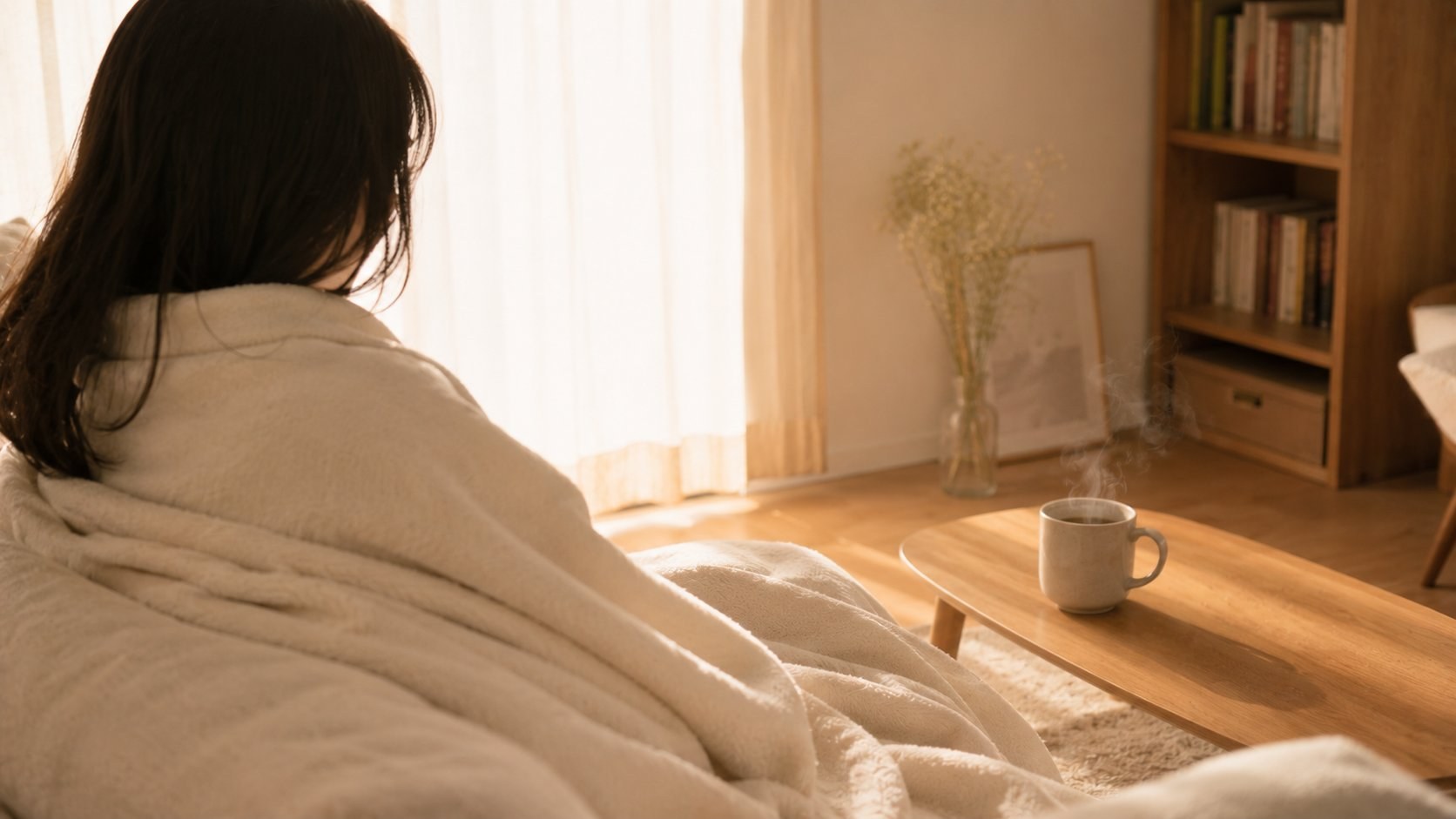 朝、毛布にくるまって、テーブルの湯気のマグを眺める
