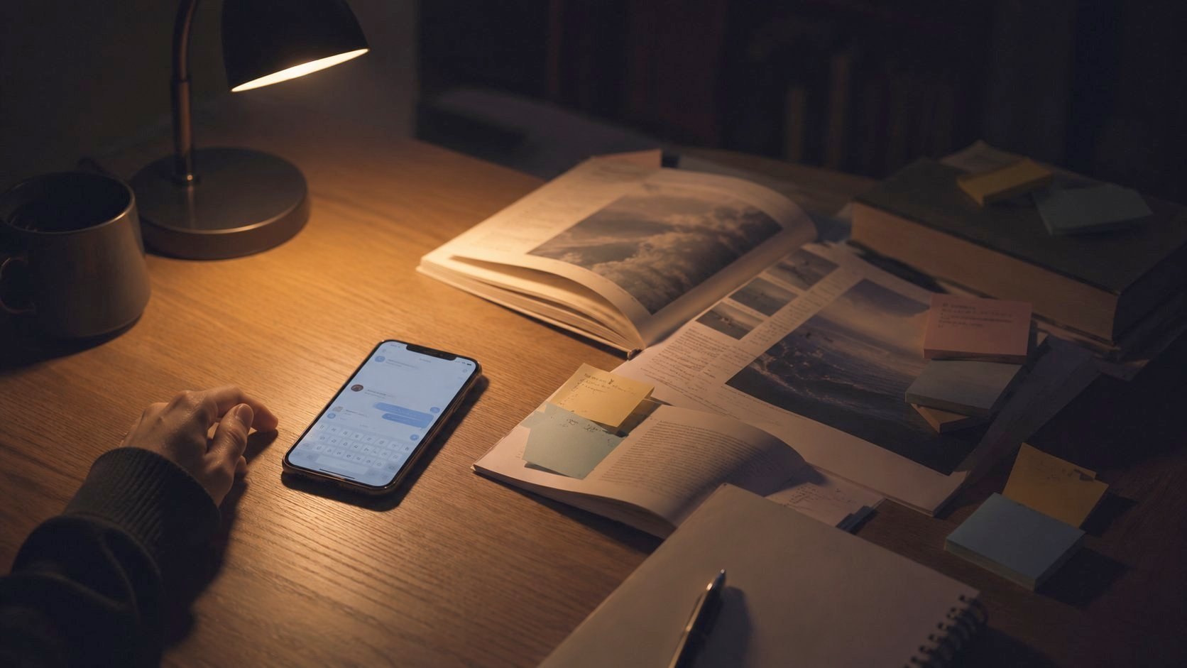 夜の机で、トーク画面を開いたままのスマホと止まった手