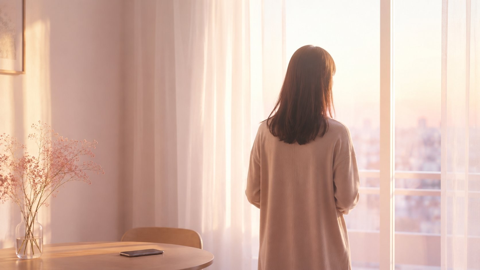 朝の光の中、窓辺に立つ後ろ姿