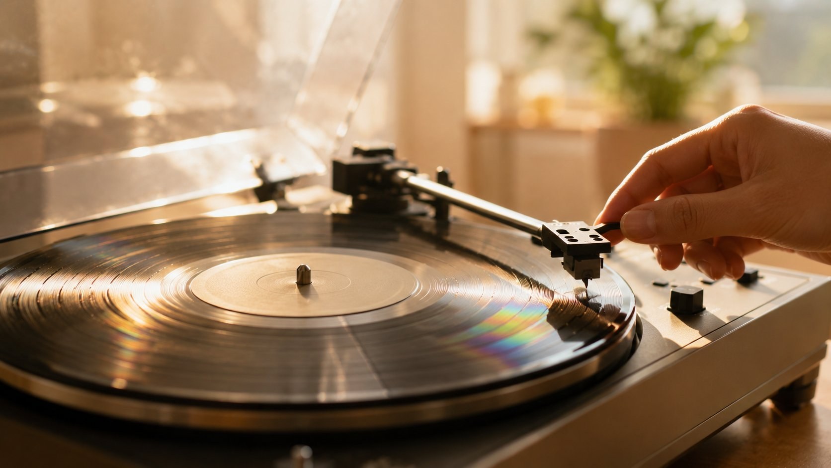 朝の光の中、レコード盤に針をそっと下ろす指先