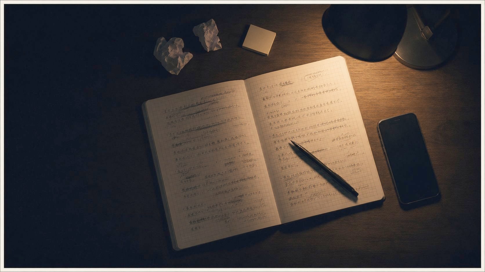 書きかけのノートと丸めた紙、置かれたスマホ