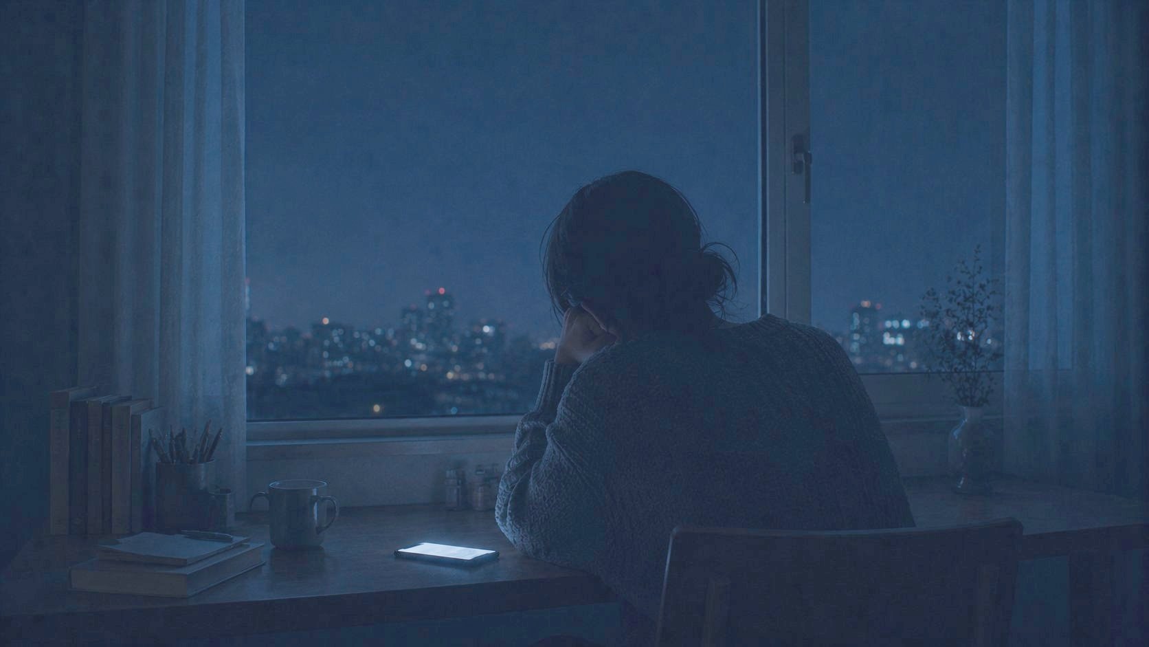夜、窓辺で頬杖をつく傍らで光るスマホの画面