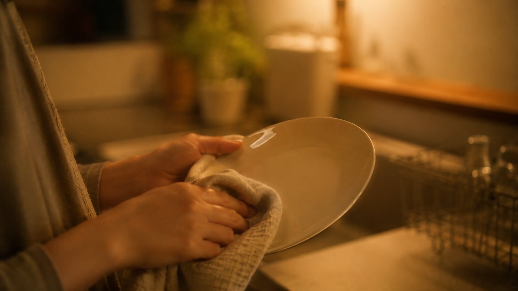 夕食後、布巾で白い皿を丁寧に拭く手元