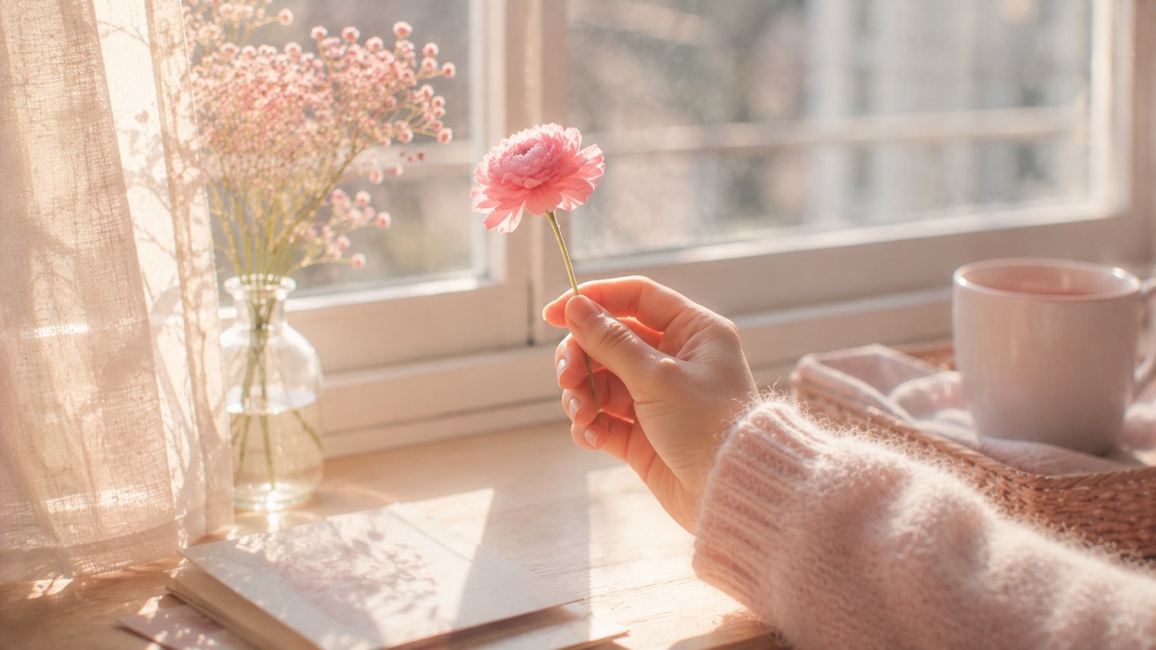 窓辺で、一輪の花を手に取る