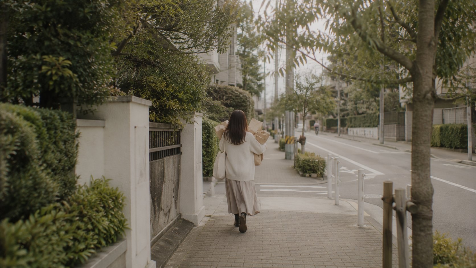 昼下がりの住宅街を、両腕いっぱいの荷物を抱えて歩く後ろ姿