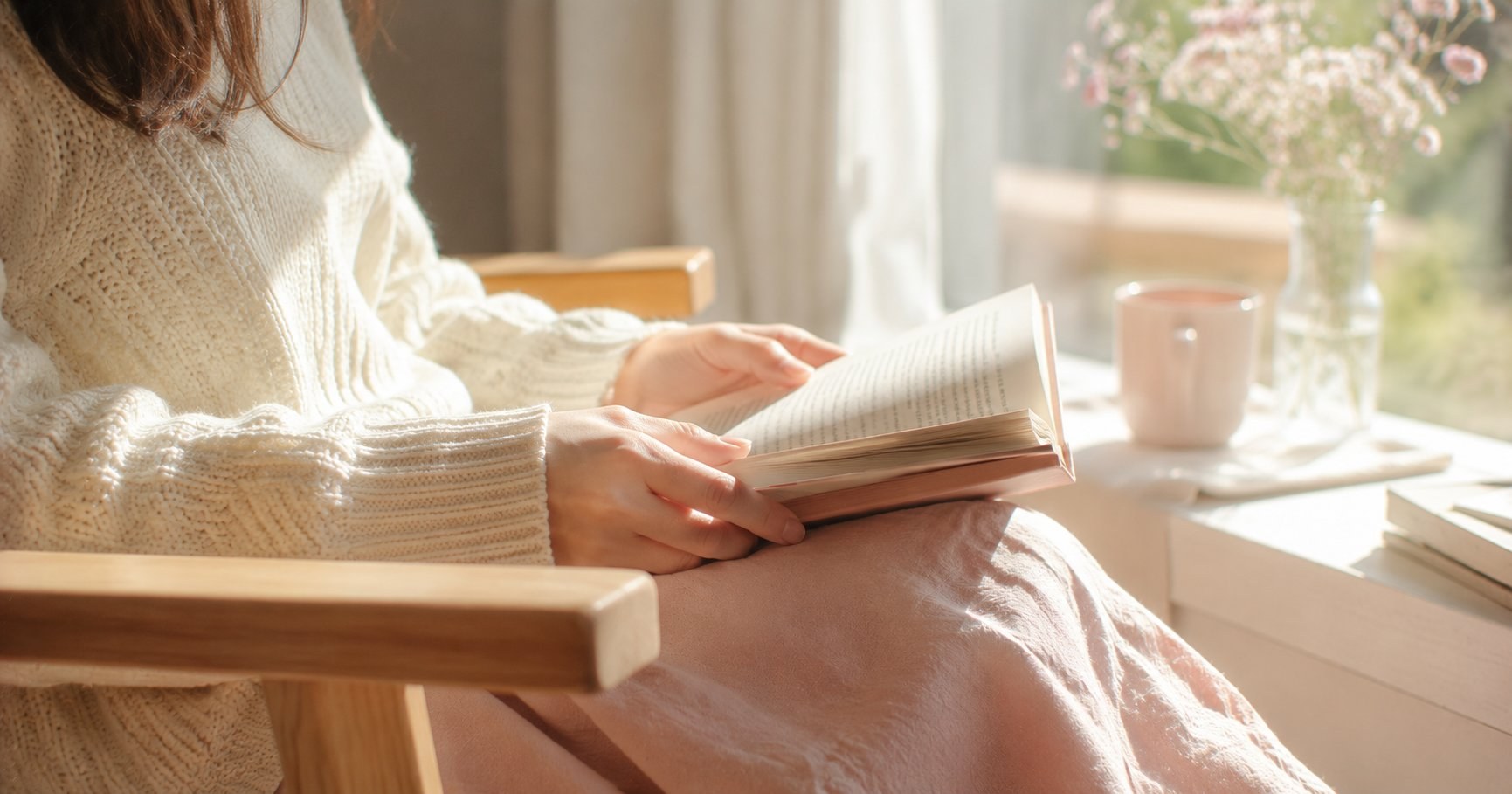 朝の窓辺で、膝の上に自分の好きな本を開く手元